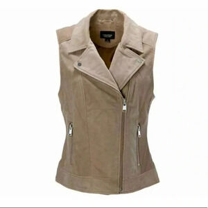 Lamarque Edusa Leather Zipper Vest Jacket Tan Khaki Moto Western Size S